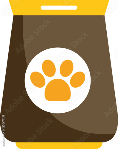 Simple vector illustration of a brown and yellow bag of pet food featuring a paw print
