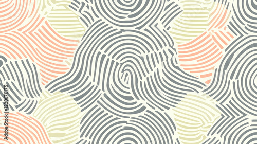Abstract seamless pattern with thin, wavy, and colorful linear stripes forming organic shapes in pastel tones, creating modern and artistic design