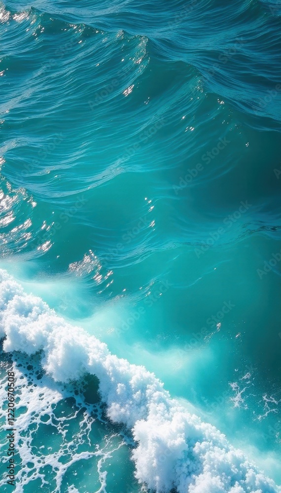 Fototapeta premium Vibrant blue turquoise sea, breaking waves with white foam, undulating, design, white