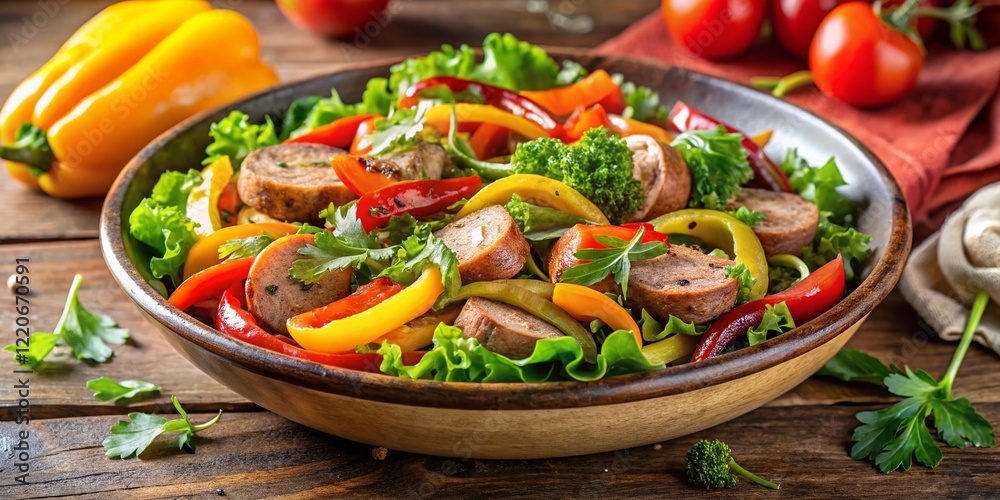 Delicious Italian Sausage Salad with Fresh Herbs and Vegetables - Stock Photo Delicious Italian Sausage Salad with Fresh Herbs and Vegetables - Stock Photo