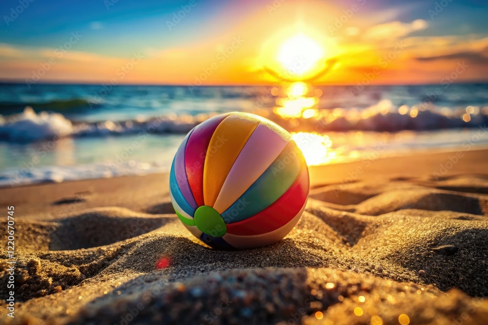 Obraz premium Sun-drenched beach volleyball, bokeh effect, vibrant colors blur against dark sand.