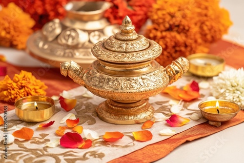 Festive Ugadi Celebration Setup With Kalash and Diya on Colorful Mat Adorned With Flower Petals photo