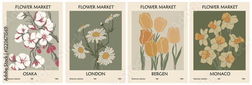 Set of Abstract Flower Market posters. Trendy botanical wall arts with daffodil, narcissus floral design in sage green colors. Modern naive groovy funky interior painting. Vector illustration.