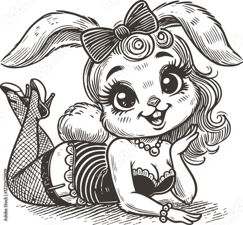 Glamorous Pin-up Bunny in Vintage Lingerie, Illustrated in Classic Line Art Style