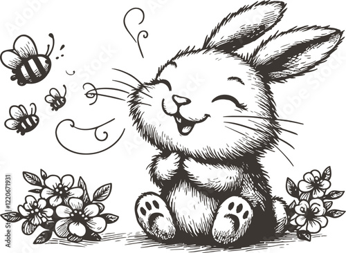 Joyful Bunny Surrounded by Flowers and Bees Illustrated in a Vintage Sketch Style