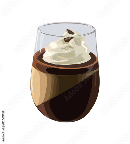 Panna cotta dessert in glass with coffee and chocolate cream. Traditional Italian desert, vector realistic illustration isolated on white background for menu, cards, recipe book, kitchen wall art.