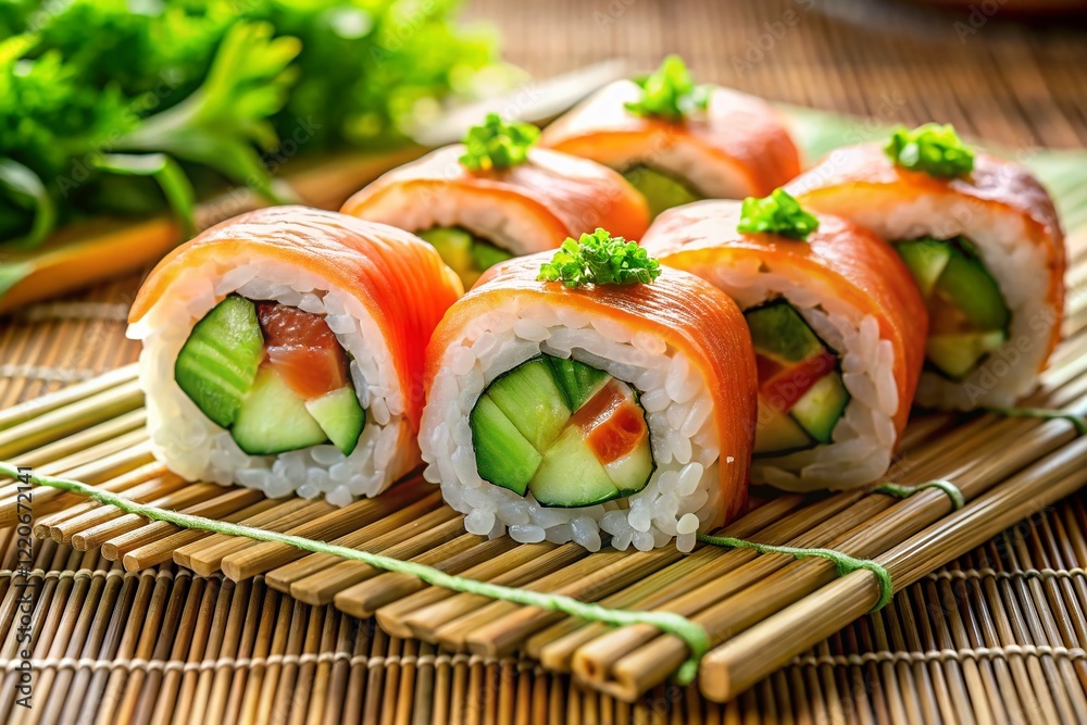 Delicious Salmon & Cucumber Sushi Rolls on Bamboo Mat - Stock Photo Delicious Salmon & Cucumber Sushi Rolls on Bamboo Mat - Stock Photo