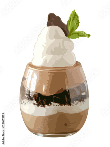 Panna cotta dessert in glass with chocolate and mint leaf. Traditional Italian desert, vector realistic illustration isolated on white background for menu, cards, recipe book, kitchen wall art.