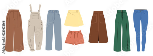  Female modern fashion clothes vector illustrations set. Trousers, pants, jeans, shorts and skirts different designs and colors. Women garments, apparel. Isolated on white background.
