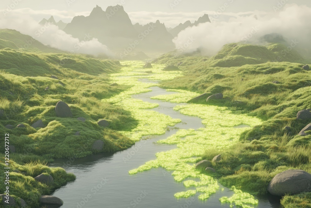 Seamless Blend of Nature and Technology With a Glowing Circuit River in a Lush Green Valley and Futuristic Cloudy Sky Seamless Blend of Nature and Technology With a Glowing Circuit River in a Lush Green Valley and Futuristic Cloudy Sky