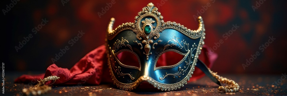 Fototapeta premium Ornate blue venetian masquerade mask with gold detailing and red ribbon on table