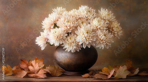 A bouquet of chrysanthemum flowers in a rustic vase, gentle pastel tones, surrounded by soft-focus natural elements like leaves and wood textures