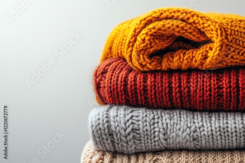 Neatly Folded Sweaters in Warm Colors on Plain Background