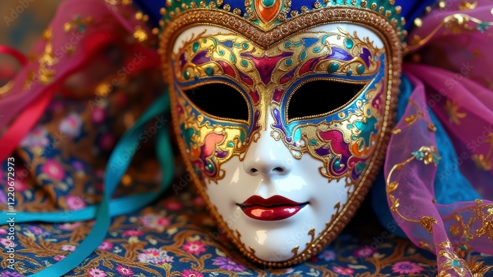 Fototapeta premium Colorful venetian masquerade mask with intricate designs and gold accents on patterned fabric
