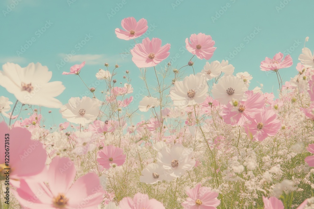 Fototapeta A field of pink and white flowers with sunlight through clouds