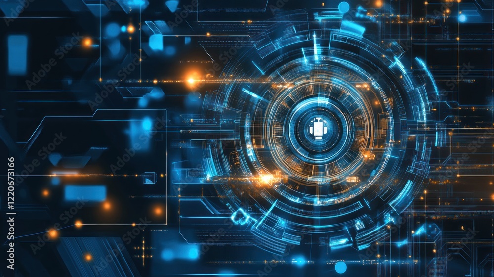 Abstract digital technology background with glowing circles and lines. Abstract digital technology background with glowing circles and lines.