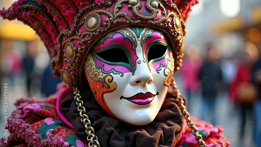Elegant carnival mask with intricate design in vibrant festival setting Elegant carnival mask with intricate design in vibrant festival setting