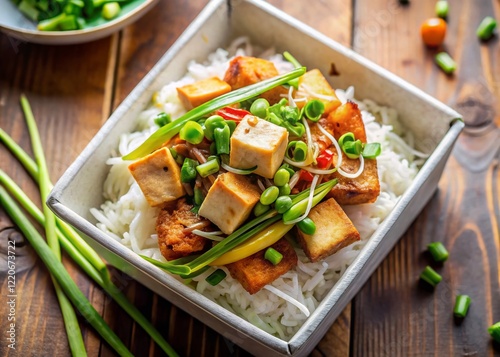 Delicious Vietnamese Dau Xao Gia Takeout: Tofu, Spring Onions, Bean Sprouts & Rice photo