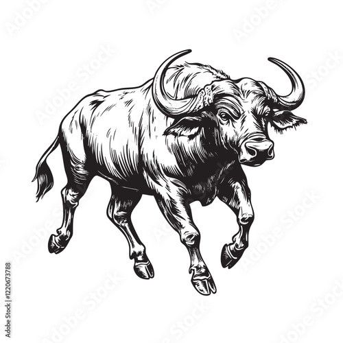 Dynamic black-and-white vector illustration of an african buffalo, showcasing bold strokes, detailed features, and an energetic pose for versatile uses. Wildlife Animals.