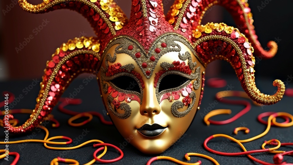 Naklejka premium Intricate venetian carnival mask with gold and red sequins on black background