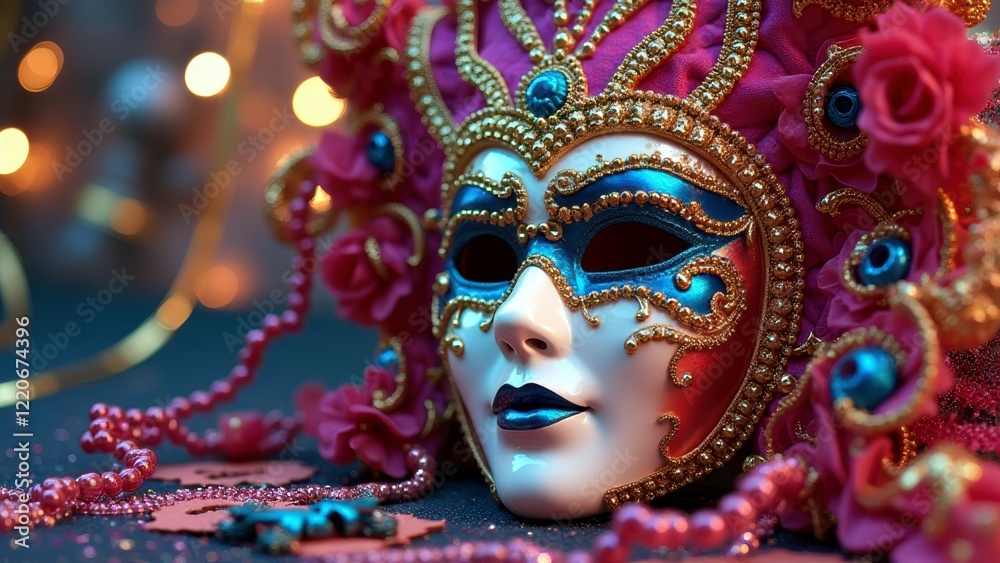 Elegant venetian mask adorned with intricate gold patterns and pink flowers Elegant venetian mask adorned with intricate gold patterns and pink flowers