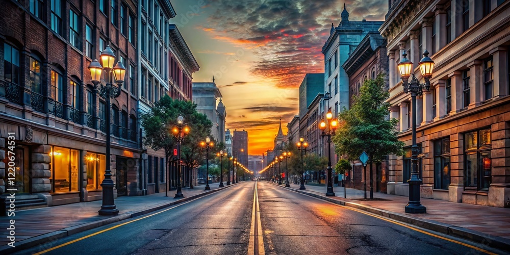 Deserted City Street at Dawn: Empty Road, Urban Landscape Photography