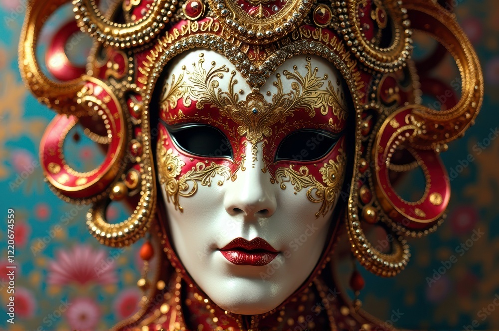 Ornate venetian mask with red and gold details on intricate background Ornate venetian mask with red and gold details on intricate background