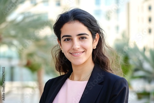 Closeup headshot outdoor portrait of young middle eastern Israel businesswoman standing office building. photo