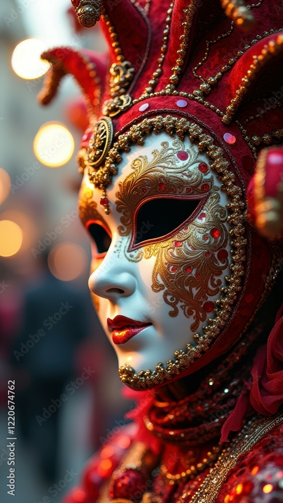 Intricate red venetian carnival mask adorned with gold detailing Intricate red venetian carnival mask adorned with gold detailing