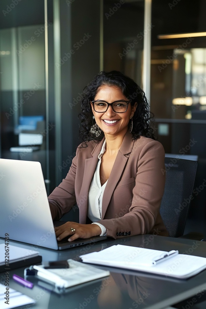 Fototapeta premium Young Indian businesswoman professional employee using pc doing online banking analysing at workplace. Latin hispanic middle-aged business woman working on laptop computer in modern office.