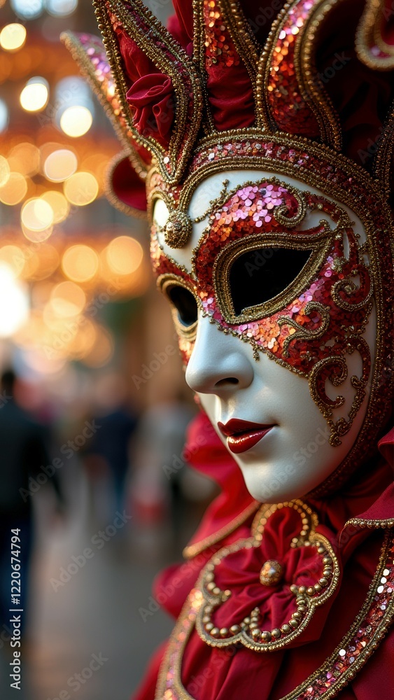 Venetian carnival mask with red and gold details at evening festival Venetian carnival mask with red and gold details at evening festival