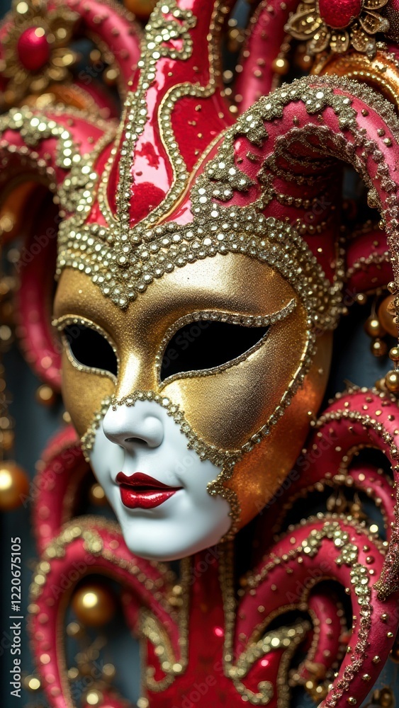 Intricate venetian carnival mask with gold and red details Intricate venetian carnival mask with gold and red details