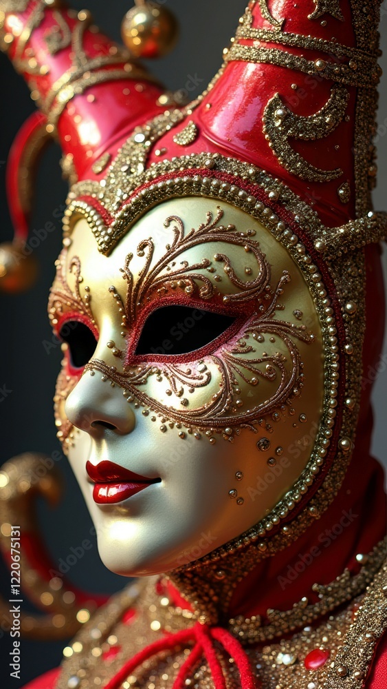 Elegant venetian carnival mask with gold and red ornaments Elegant venetian carnival mask with gold and red ornaments