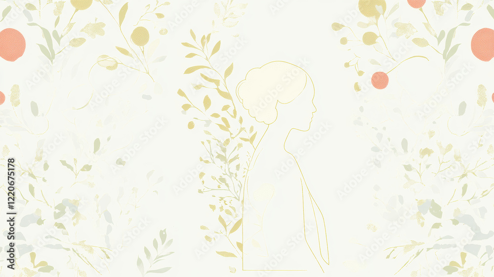 delicate and minimal botanical illustration featuring subtle floral pattern with soft pastel tones and graceful outline of woman, evoking serene and elegant atmosphere