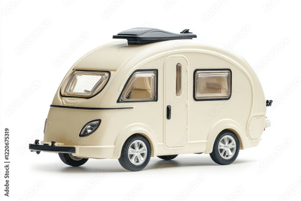Compact Caravan in Neutral Beige Color With Black Trims Isolated on a White Background Showcasing Unique Design Features Compact Caravan in Neutral Beige Color With Black Trims Isolated on a White Background Showcasing Unique Design Features