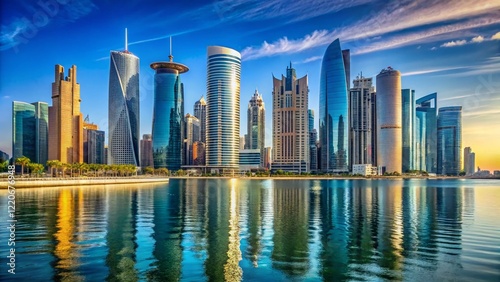 Doha West Bay Skyline: Modern Skyscrapers & Blue Sky - Architectural Photography photo