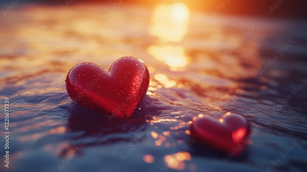 Fototapeta premium Romantic valentine's day hearts on ocean at sunset - love and celebration theme