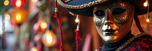 Venetian masked figure in ornate costume with warm illuminated background