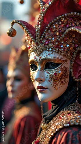 Venetian carnival masked figures in ornate costume with bejeweled details and red accents