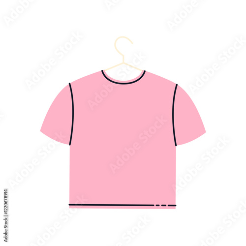 Used t shirt with a defect on a hanger. Second hand. Reuse and zero waste concept. Flat vector illustration.