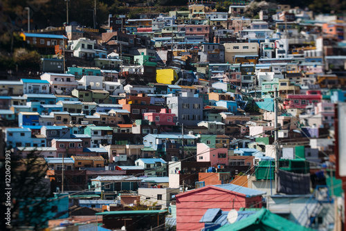 View of Gamcheon Culture village, Busan city, South Korea, Gamcheon-dong, Saha District, beautiful view of streets and multicoloured houses in a summer sunny day, Republic of Korea travel photo