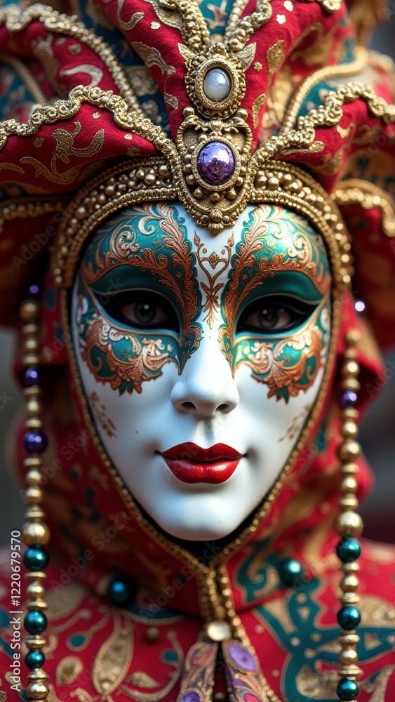 Intricate venetian carnival mask with red and gold details Intricate venetian carnival mask with red and gold details