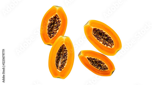 Photo of papaya fruits isolated on white background centered, high quality, 4k, super realistic, uhd, hyper detailed.