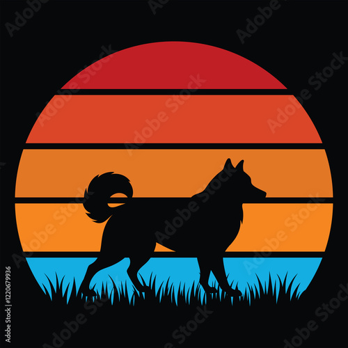 Retro Alaskan Malamute Silhouette with Vintage Sunset Vector
