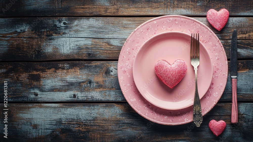Romantic valentine’s day table setting with pink plates and heart decorations for dining inspiration