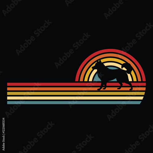 Alaskan Malamute Silhouette in Retro Sunset Illustration
