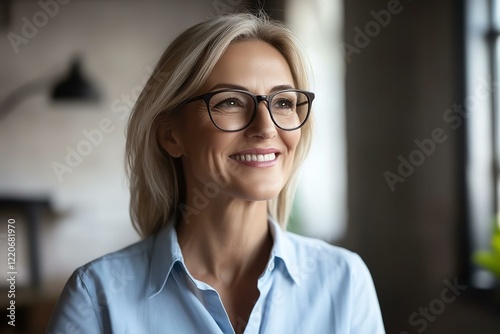 Head shot profile picture happy middle-aged businesswoman dressed in casual shirt wear eyeglasses smiling looking aside feel satisfied with promotion professional achievements. photo