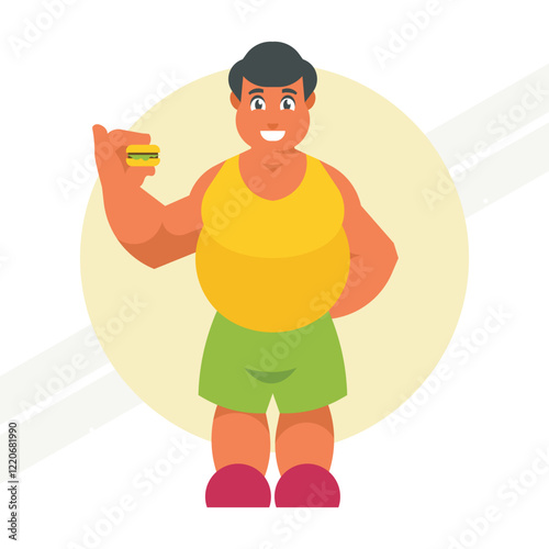 A fat man eating a burger representing indulgence and unhealthy eating