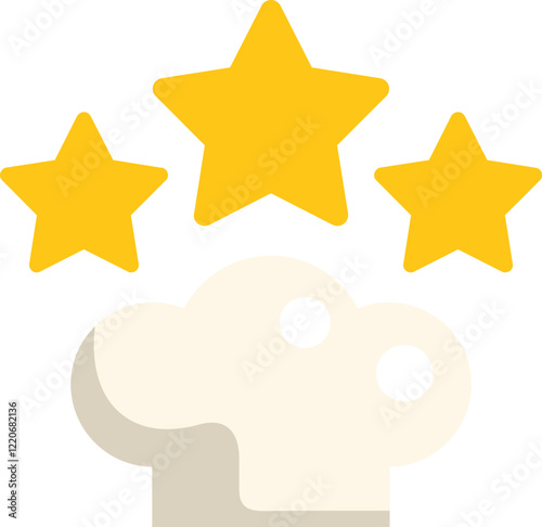 This vector illustration shows a chef hat receiving three golden stars, symbolizing a high rating or positive feedback for exceptional cooking
