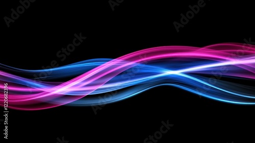 Abstract flowing pink and blue light waves on black background.